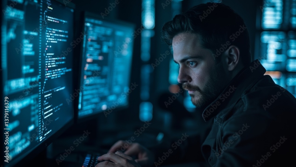 Cybersecurity specialist monitoring multiple screens in a dimly lit environment with blue light highlights Cybersecurity specialist monitoring multiple screens in a dimly lit environment with blue light highlights