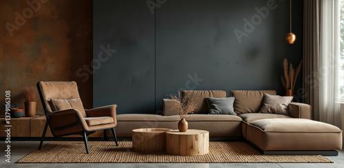 modern living room interior with comfortable sofa and armchair