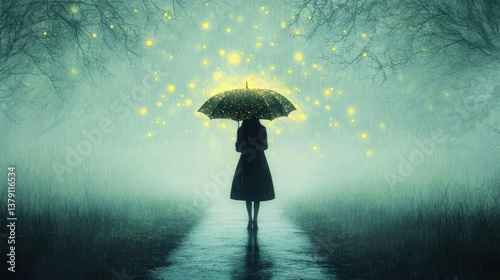Silhouette of a woman with glowing umbrella standing in a magical forest rain, surrounded by floating golden lights in a dreamy misty night scene