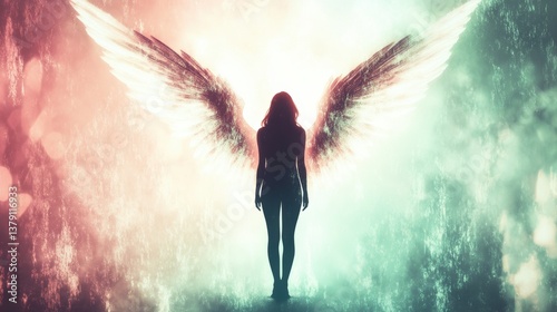 Silhouette of a woman with glowing angel wings standing in soft ethereal light, symbolizing divinity, grace, and spiritual awakening in a dreamy fantasy setting
