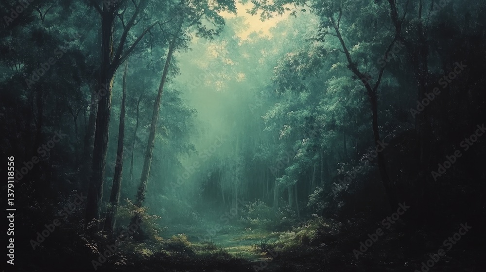 Obraz premium Ethereal forest bathed in soft light. Lush greenery and swirling fog create a mysterious, dreamlike atmosphere