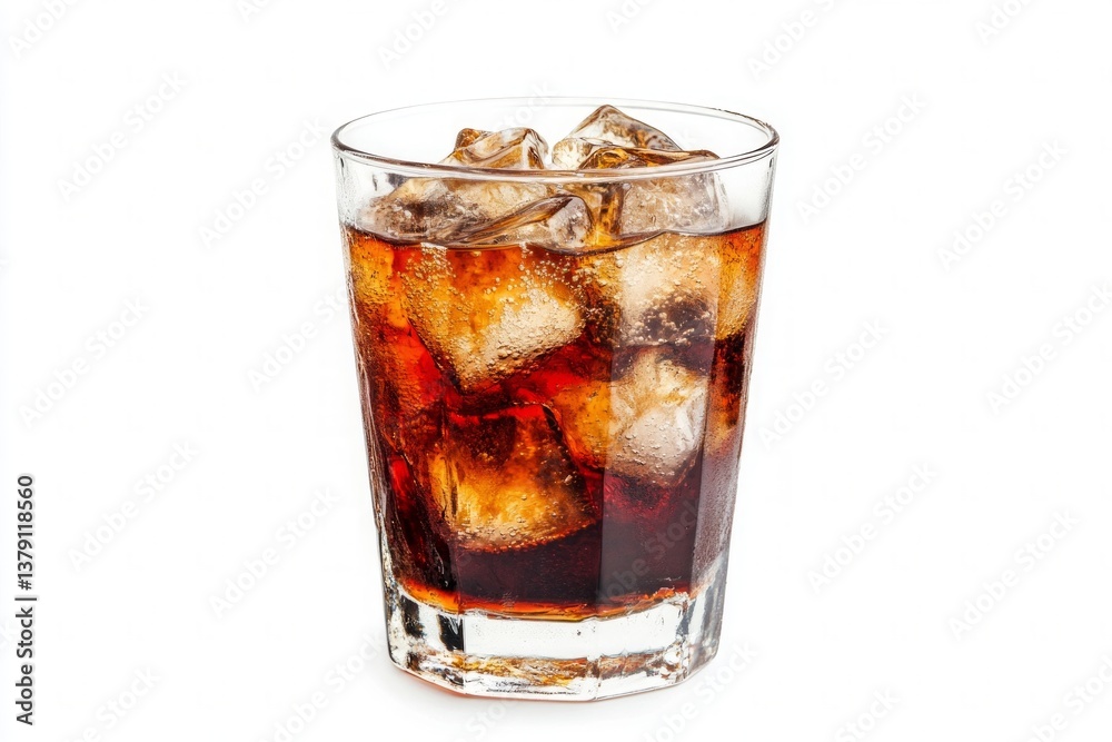 Glass of dark soda drink with ice cubes on white background, fizzy cold sweet refreshing soft beverage Glass of dark soda drink with ice cubes on white background, fizzy cold sweet refreshing soft beverage
