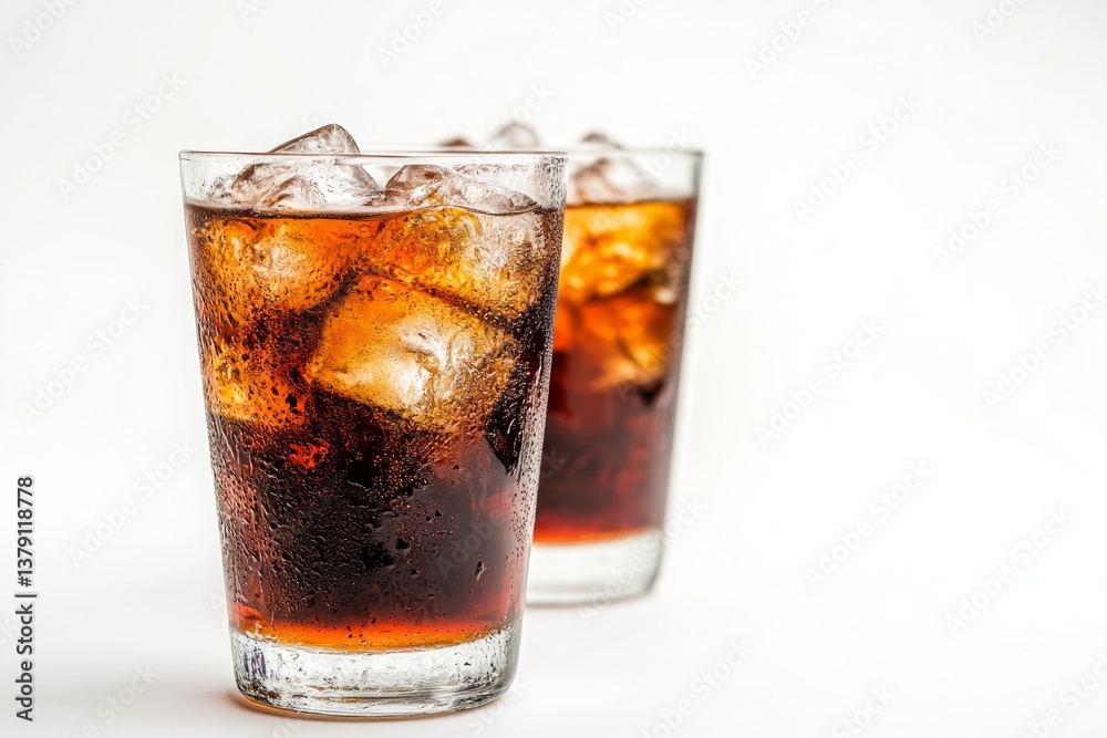 Two glasses of fizzy dark soda with ice cubes, refreshing cold beverage on white background Two glasses of fizzy dark soda with ice cubes, refreshing cold beverage on white background