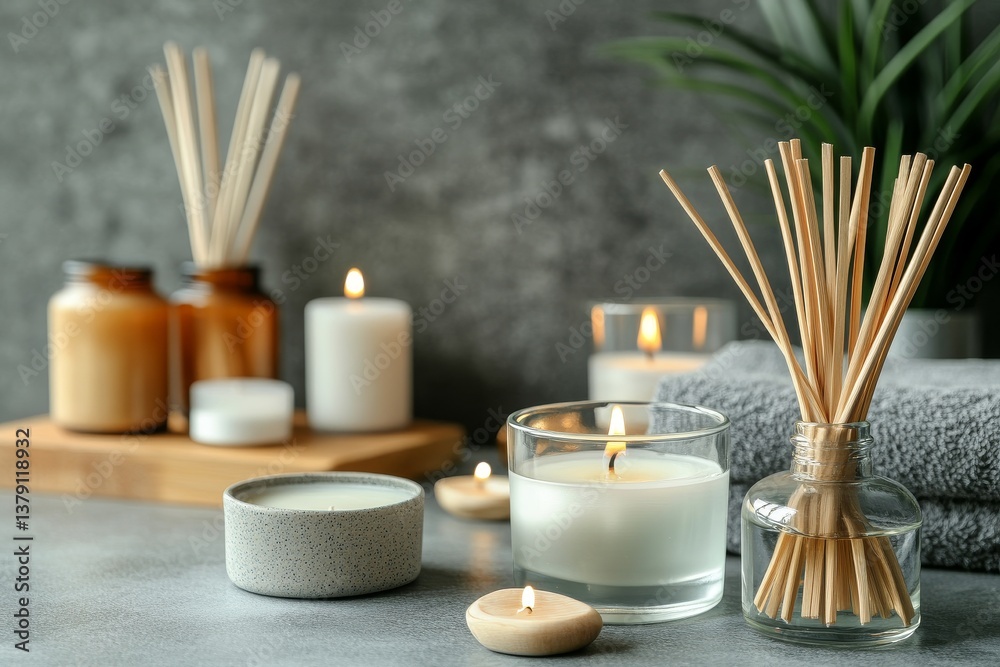 A spa salon features burning candles and aromatic reed fresheners on a table, leaving space for text A spa salon features burning candles and aromatic reed fresheners on a table, leaving space for text