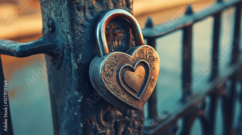 Engraved love lock on urban bridge, symbol of eternal commitment. Eternal Carvings. Illustration
