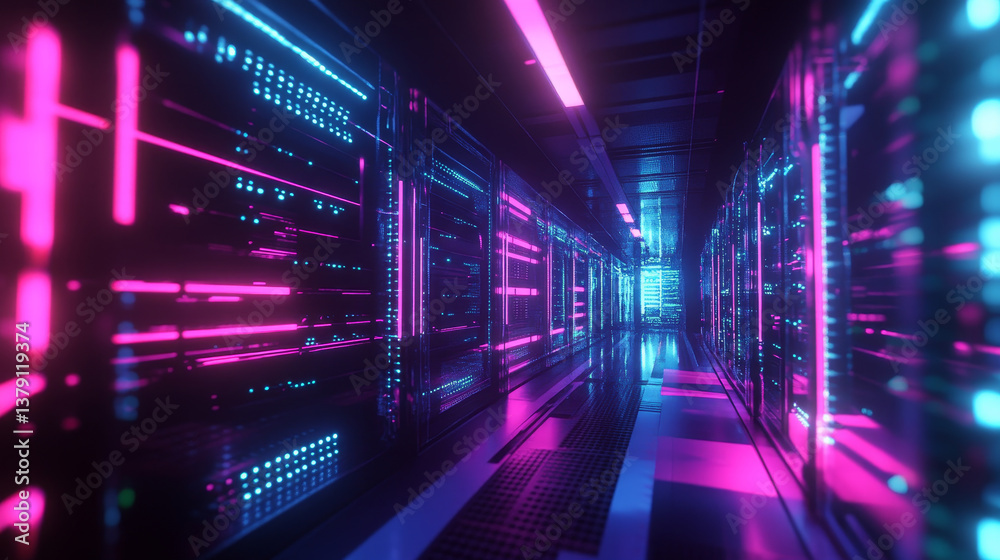 Obraz premium Shot of Data Center With Multiple Rows of Fully Operational Server Racks. Modern Telecommunications, Artificial Intelligence, Supercomputer Technology Concept. Shot in Dark with Neon Blue, Pink Lights