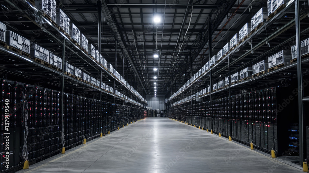 Obraz premium Modern Data Technology Center Server Racks Working in Dark Facility. Concept of Internet of Things, Big Data Protection, Cryptocurrency Farm, Cloud Computing. 3D Render of Warehouse for Crypto Mining.