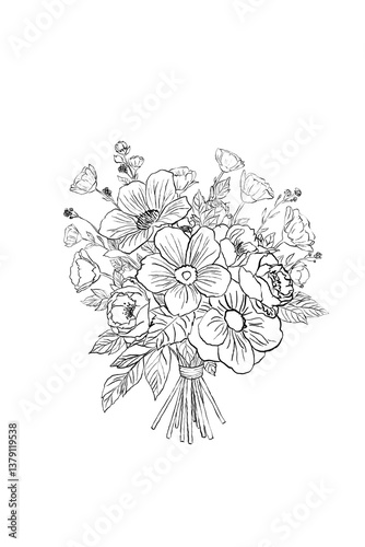 Vintage botanical ink art floral bouquet png 