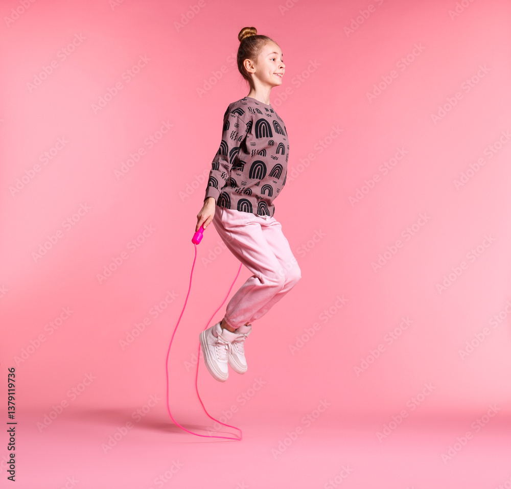 Cute little girl with jump rope on light pink background
