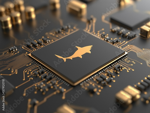 Obraz na płótnie Predatory lending practices symbolized by shark on microchip w salonie