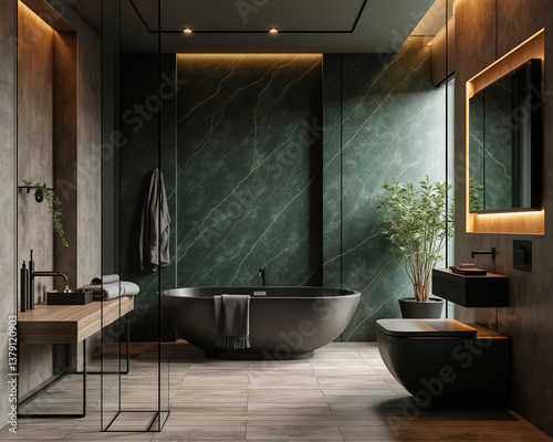 modern bathroom with black freestanding bathtub and dark green marble walls