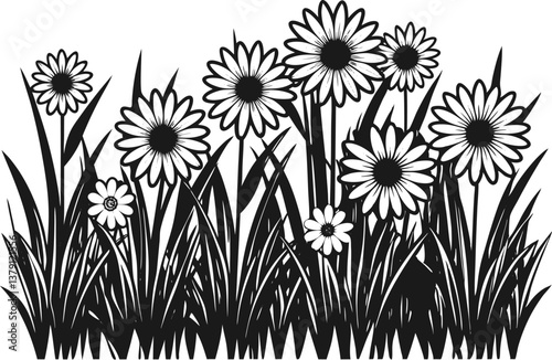 A vibrant, fresh spring green grass lawn edge border, adorned with daisy flowers. set of floral elements
