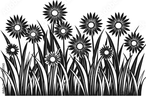 A vibrant, fresh spring green grass lawn edge border, adorned with daisy flowers. set of floral elements