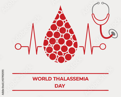World Thalassemia Day: blood drop filled with cells and a stethoscope.