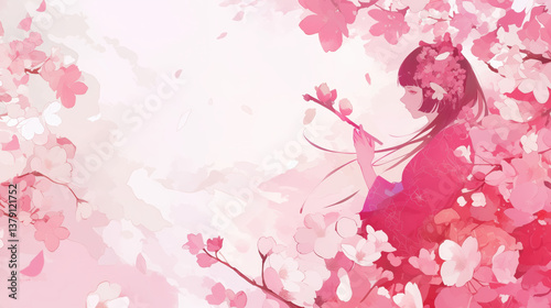 Young woman against the background of cherry blossoms, anime