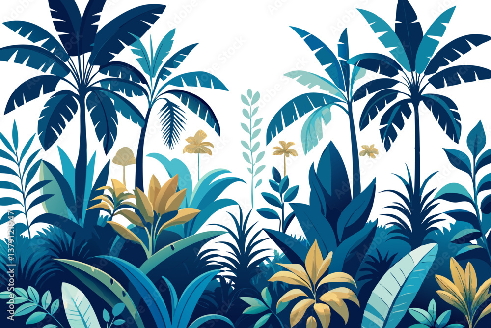 custom made wallpaper toronto digitalToile tropical vintage botanical palm trees, banana tree, plants seamless border white background. Blue jungle mural vector