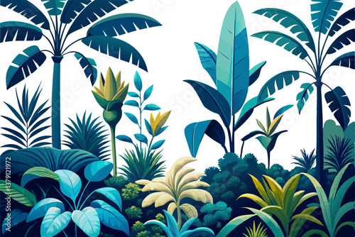 Toile tropical vintage botanical palm trees, banana tree, plants seamless border white background. Blue jungle mural vector