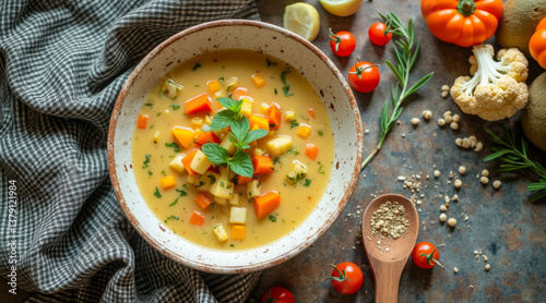 creamy vegetable soup with carrots potatoes and fresh mint in a rustic bowl