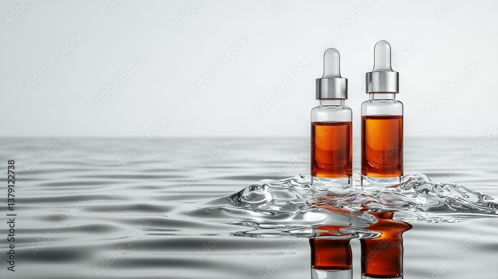 Fototapeta premium A couple of bottles of liquid resting atop a body of water adjacent to a solitary droplet