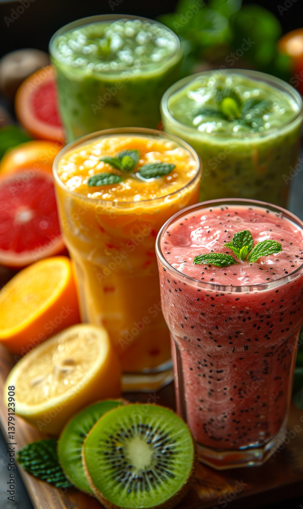 Fruit smoothies on a table. Three colorful fruit smoothies in glasses sit on a wooden table, surrounded by fresh fruit. Fruit smoothies on a table. Three colorful fruit smoothies in glasses sit on a wooden table, surrounded by fresh fruit.