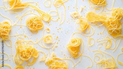Loose spaghetti noodles scattered across a clean white background, the long, thin strands clearly visible.