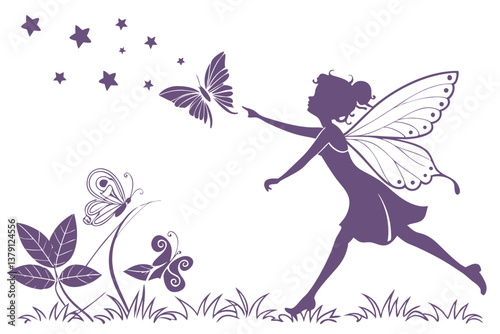 89 Silhouette of a fairy, whimsical, magical, dark purple on white background, butterflies, stars, fantasy illustration, vector art, graceful pose, reaching for stars, fairy wings, ponytail, playful, 