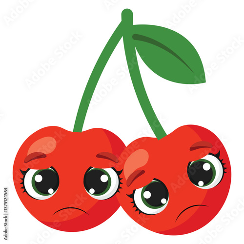 Two sad red cherries with expressive eyes and green stem, ideal for emotional designs, healthy lifestyle projects, kids content, and fruit illustrations