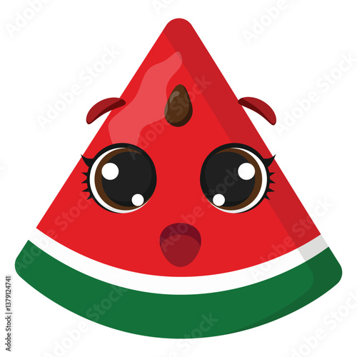 Bright watermelon slice with cute surprised face, expressive big eyes and fresh red pulp, great for summer designs, kids materials and healthy food visuals