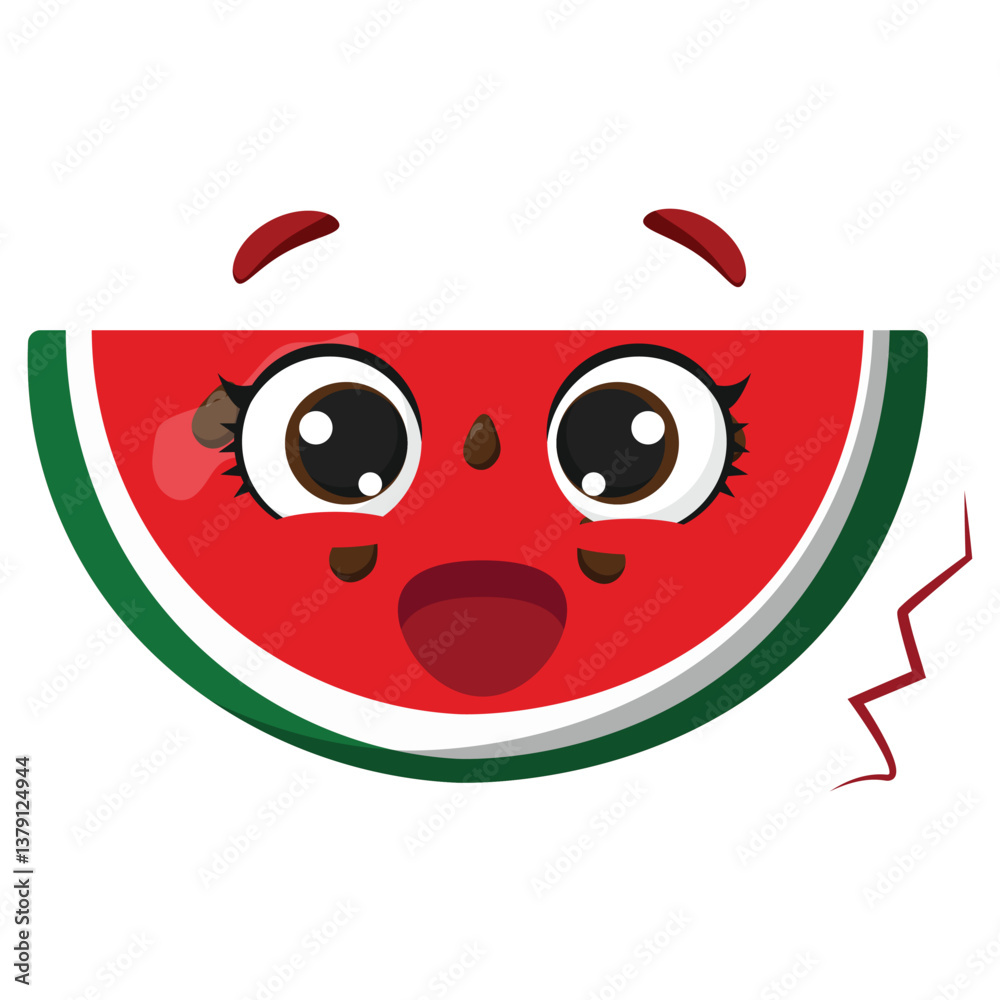Obraz premium Cute watermelon slice with excited expression and big shiny eyes, perfect for summer designs, children’s content, and healthy food themes