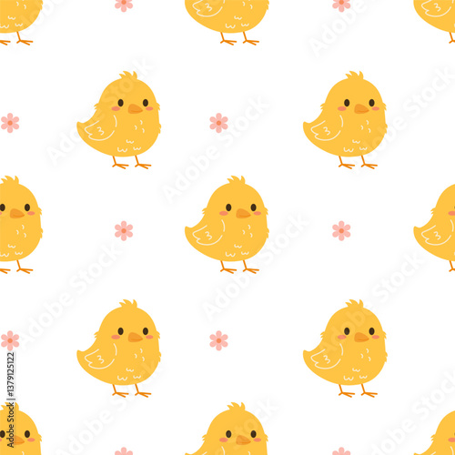Seamless flat style pattern with cute yellow chicks and pink flowers on white background, ideal for children’s products, Easter designs, textile, wrapping paper, and spring-themed projects