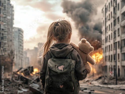 Refugee child escaping war with teddy bear and backpack