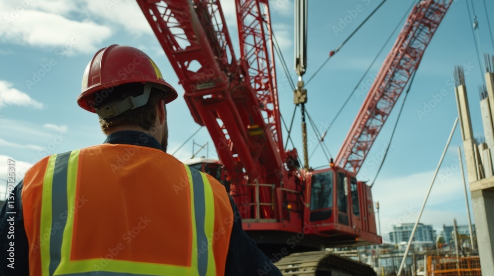 A construction worker inspecting a crane at a construction site. Featuring responsibility and safety A construction worker inspecting a crane at a construction site. Featuring responsibility and safety
