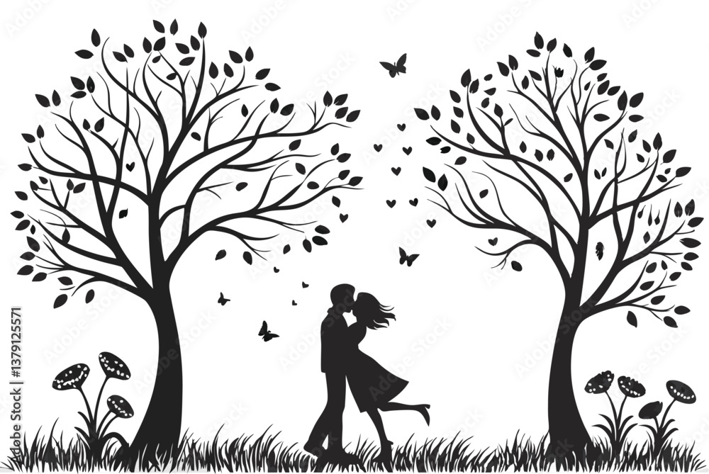 91 Black and white illustration, tree silhouettes, heart-shaped tree branches, romantic couples, falling leaves, delicate details, love symbols, nature-inspired design, vector art style, symmetrical c 91 Black and white illustration, tree silhouettes, heart-shaped tree branches, romantic couples, falling leaves, delicate details, love symbols, nature-inspired design, vector art style, symmetrical c