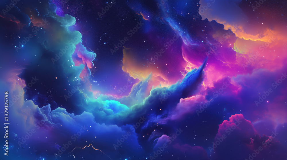 Fototapeta premium Colorful neon nebula with glowing stars in the background of deep space.