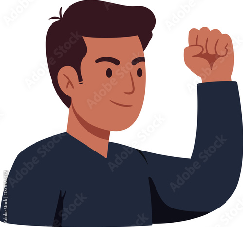 Confident young man raising his fist in a flat vector illustration