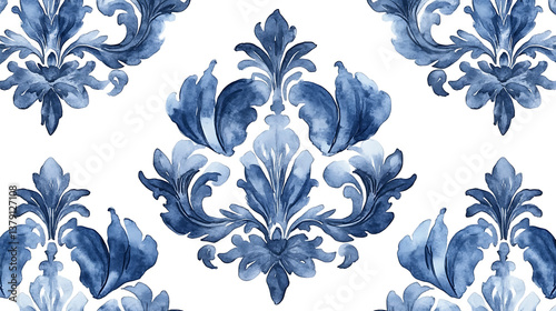Watercolor painted indigo blue damask seamless pattern on a white background, spanish tile with hand drawn baroque and floral ornaments in mediterranean majolica ceramic painting style