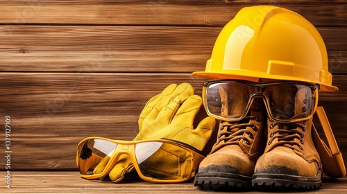 Construction Safety Gear Still Life with Hard Hat Boots and Gloves