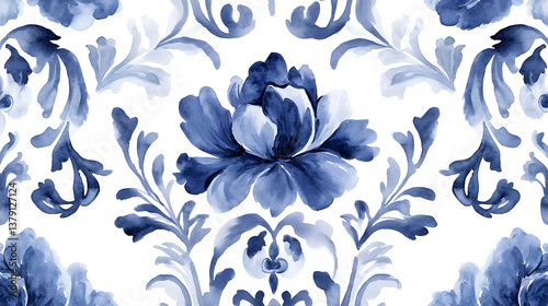 Watercolor painted indigo blue damask seamless pattern on a white background, spanish tile with hand drawn baroque and floral ornaments in mediterranean majolica ceramic painting style