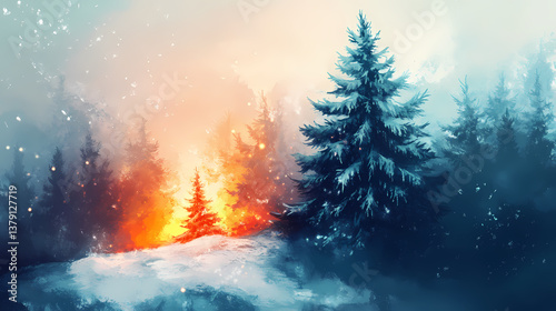 Winter solstice: frost-kissed evergreen aflame with light, a design element embodying resilience and the dance between cold & fire. Frost-Kissed Symbols. Illustration