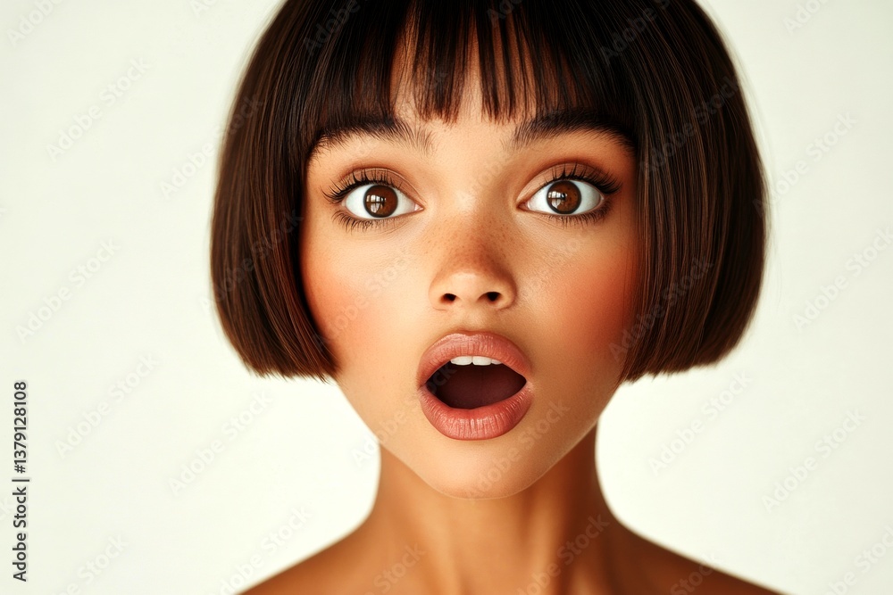Stunning very amazed mixed-race girl - for ads, brochure and social media use. Commercial ad campaign conceptual art. Short trim - straight hair. Short hair portrait. Advertising model shot. Stunning very amazed mixed-race girl - for ads, brochure and social media use. Commercial ad campaign conceptual art. Short trim - straight hair. Short hair portrait. Advertising model shot.