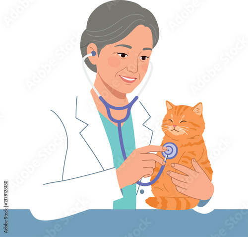 Veterinarian examining a cheerful orange cat with a stethoscope in flat vector art