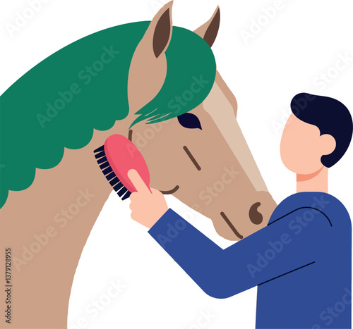 A person grooming a horse with a green mane in flat vector illustration style