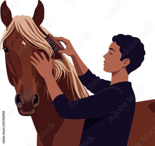 A young man grooming a brown horse with a comb in a flat vector illustration