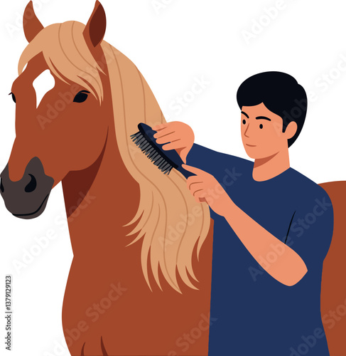 A young man grooming a horse with a brush in flat vector illustration style