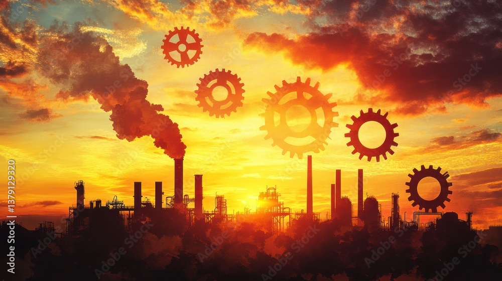 Fototapeta premium Industrial Plant Silhouette with Gears and Sunset Sky Illustration