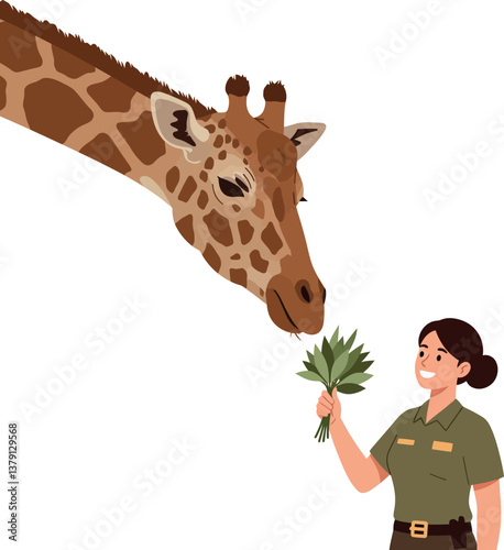 A zookeeper feeding a giraffe fresh greens in a cheerful flat vector illustration