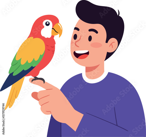 A young man smiling while interacting with a colorful parrot in a flat vector illustration