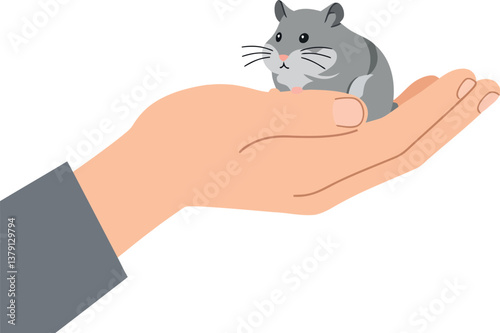 A cute grey hamster resting on a palm in flat vector art style with gentle details