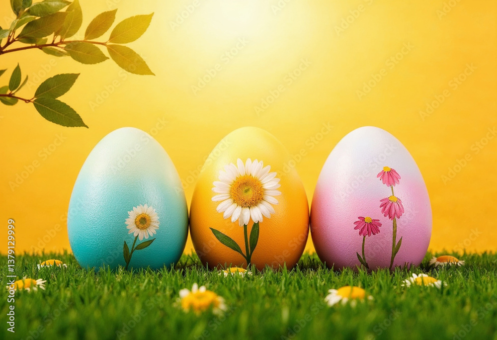 Fototapeta premium painted easter eggs celebrating a Happy Easter on a spring day with a green grass meadow, bright sunlight, tree leaves, and a warm color background with copy space , generated by ai
