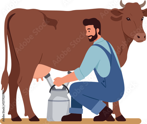 Farmer milking a brown cow in a flat vector illustration style showcasing rural life and agriculture